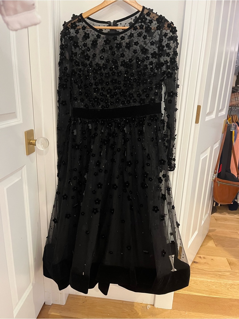 Mac Duggal Black Floral Appliqué Midi Dress